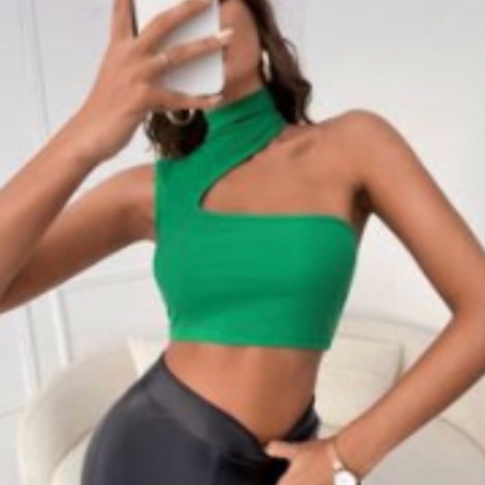Asymmetrical Neck Ribbed Knit Crop Top - Green